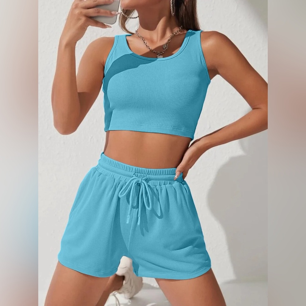 Scoop Neck Wide Strap Top and Drawstring Shorts Set